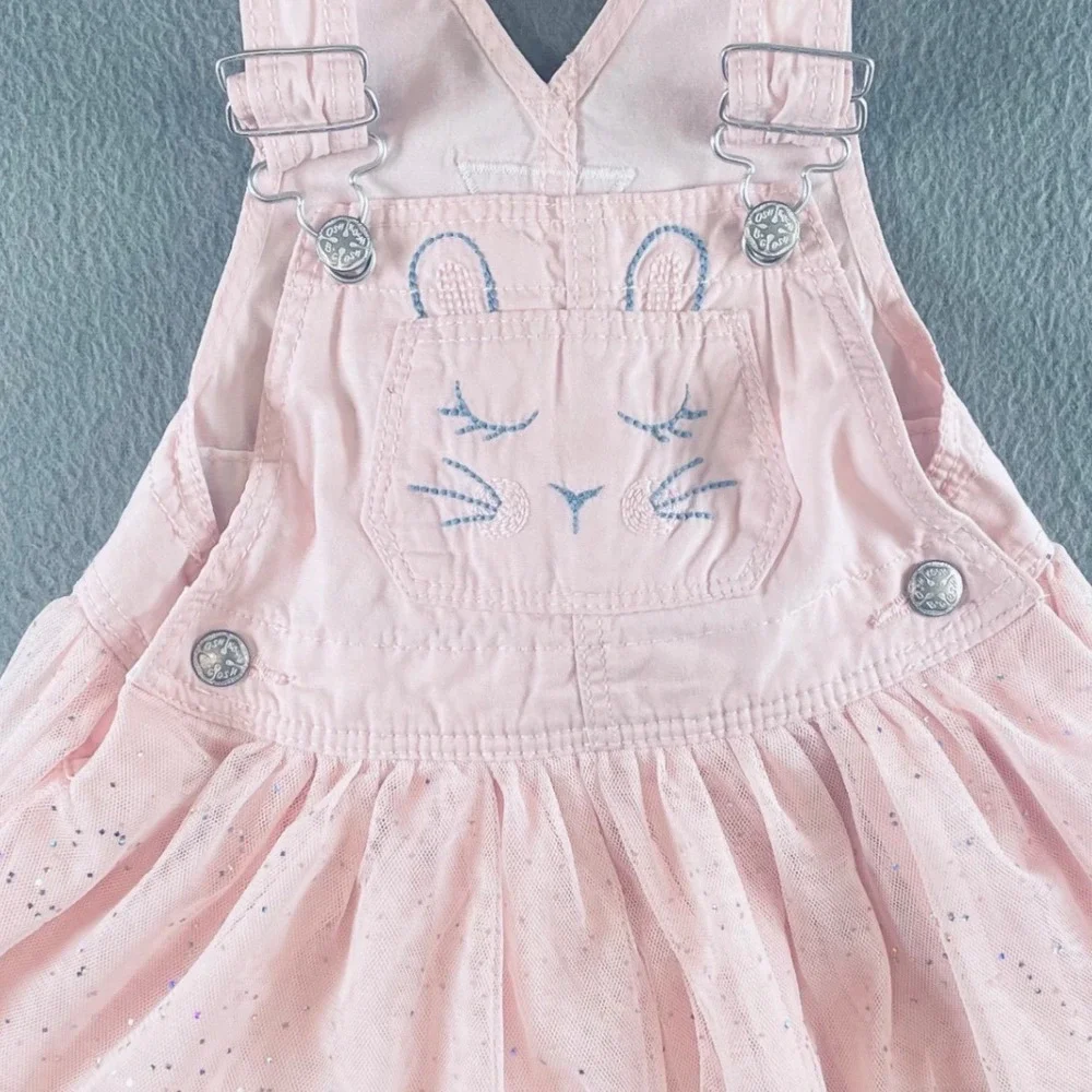 OshKosh Kids Girl Overall Dress Pink Cotton Tulle Bunny 18M Whimsical Sparkle